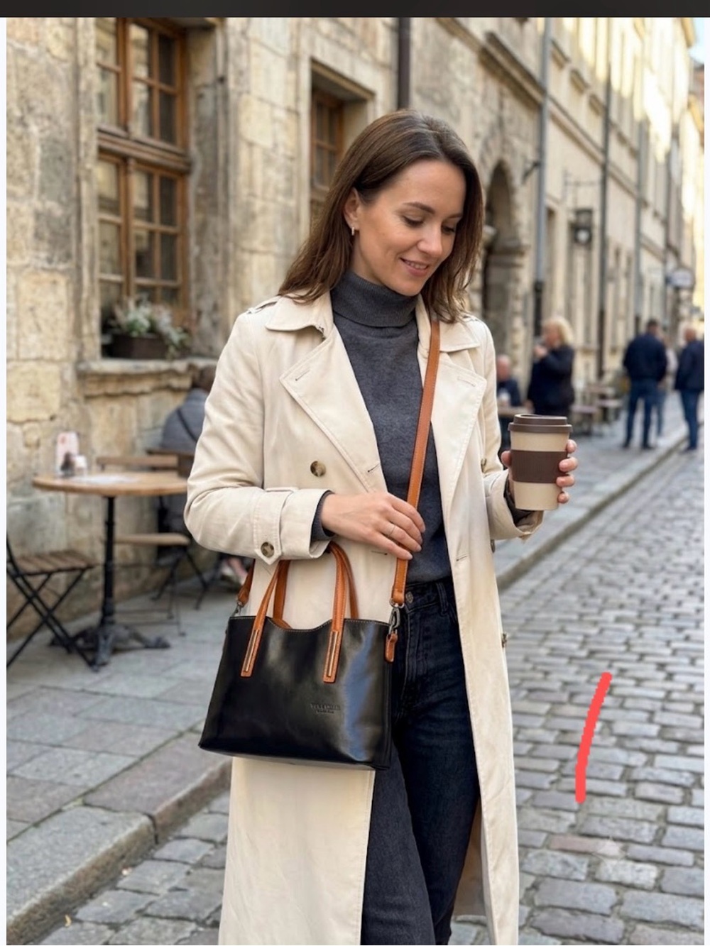 Vera Pelle Black Leather Crossbody with Tan Accents